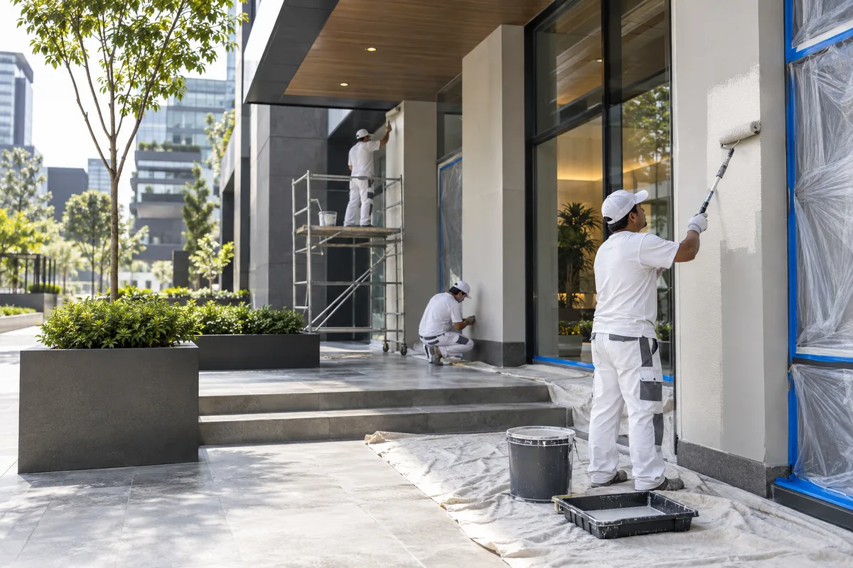 Imagen de referencia de pintura profesional en fachada y edificio para servicio en Zona 10