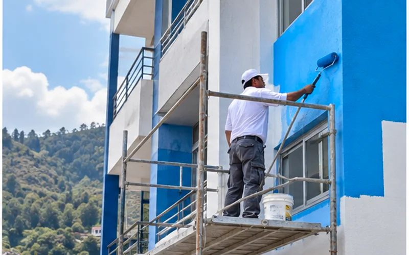 Imagen de referencia de pintura de edificios para Amatitlán: fachada de edificio y trabajo en altura