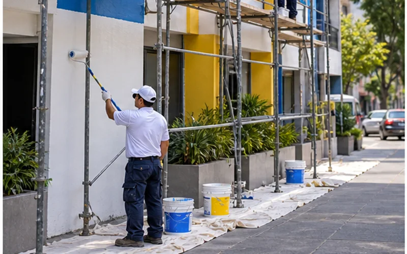 Imagen de referencia de pintura de edificios para Calzada La Paz: fachada de edificio y trabajo en altura