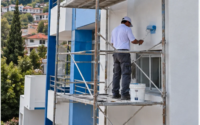 Imagen de referencia de pintura de edificios para Chinautla: fachada de edificio y trabajo en altura