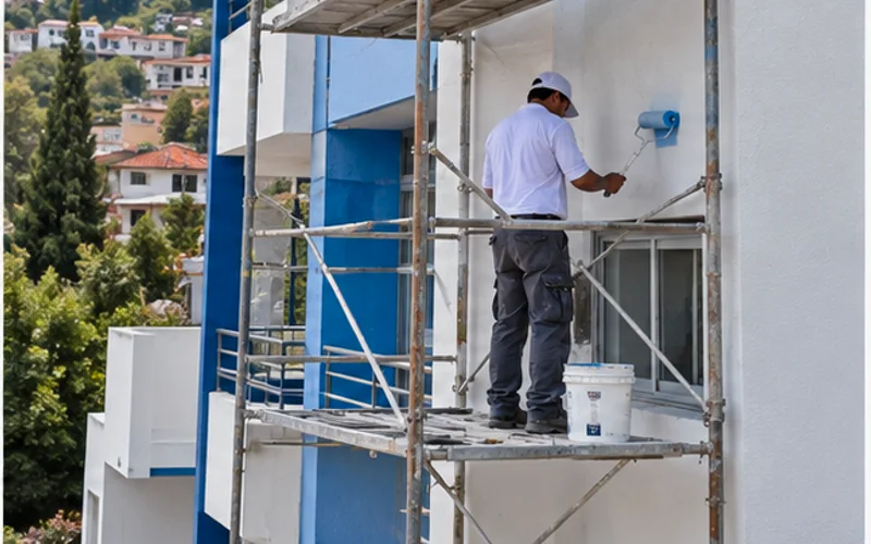 Imagen de referencia de pintura de edificios para San Juan Sacatepéquez: fachada de edificio y trabajo en altura