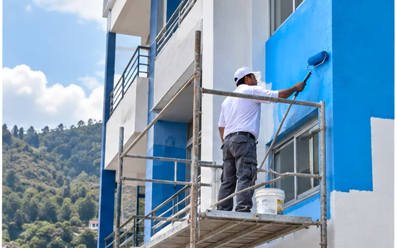 Imagen de referencia de pintura de edificios para San Pedro Ayampuc: fachada de edificio y trabajo en altura
