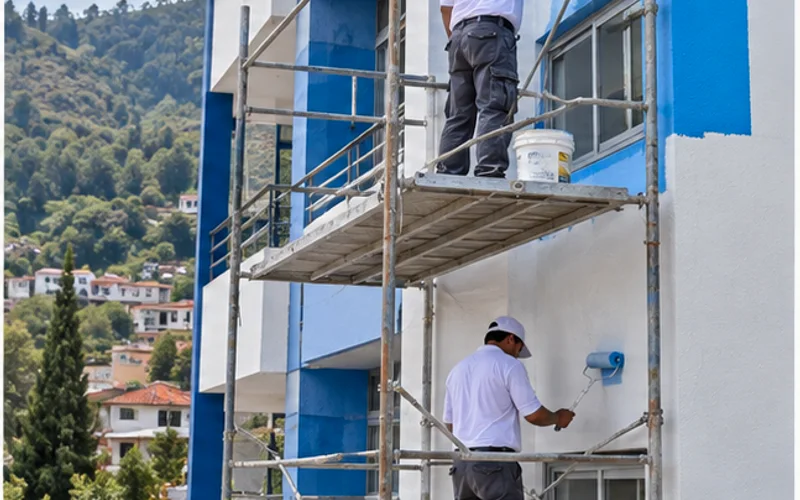 Imagen de referencia de pintura de edificios para Santa Catarina Pinula: fachada de edificio y trabajo en altura