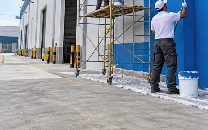 Imagen de referencia de pintura de edificios para Zona 11: fachada de edificio y trabajo en altura