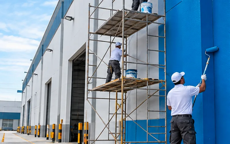 Imagen de referencia de pintura de edificios para Zona 12: fachada de edificio y trabajo en altura