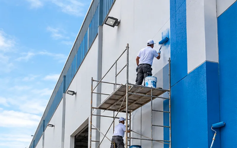 Imagen de referencia de pintura de edificios para Zona 13: fachada de edificio y trabajo en altura