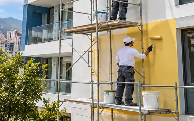 Imagen de referencia de pintura de edificios para Zona 14: fachada de edificio y trabajo en altura