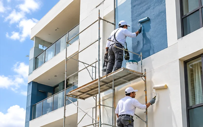 Imagen de referencia de pintura de edificios para Zona 15: fachada de edificio y trabajo en altura