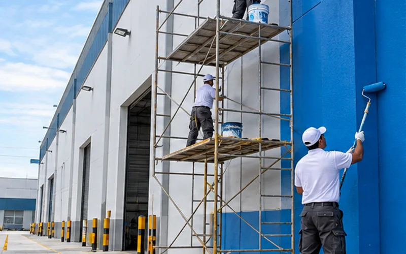 Imagen de referencia de pintura de edificios para Zona 17: fachada de edificio y trabajo en altura