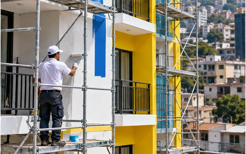 Imagen de referencia de pintura de edificios para Zona 19: fachada de edificio y trabajo en altura