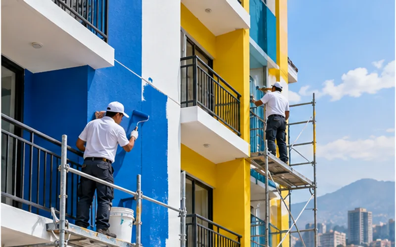 Imagen de referencia de pintura de edificios para Zona 2: fachada de edificio y trabajo en altura