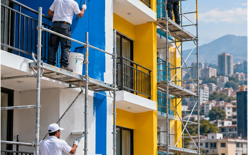 Imagen de referencia de pintura de edificios para Zona 21: fachada de edificio y trabajo en altura