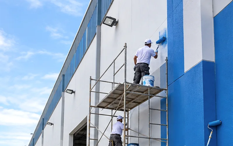 Imagen de referencia de pintura de edificios para Zona 4: fachada de edificio y trabajo en altura
