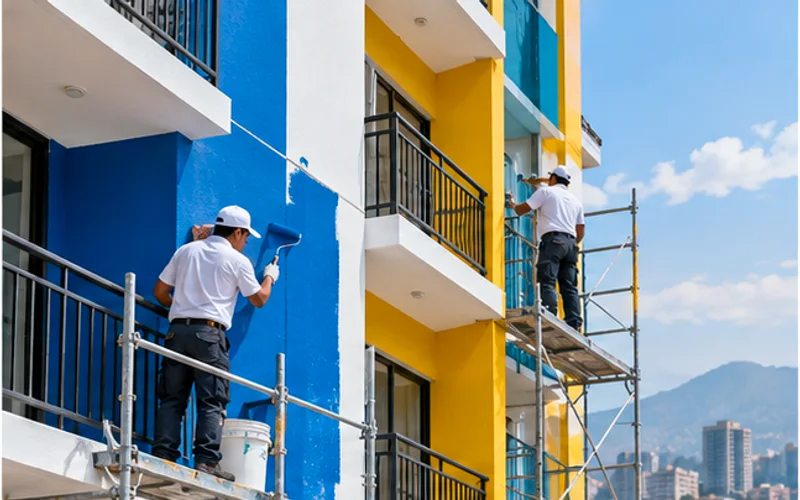 Imagen de referencia de pintura de edificios para Zona 7: fachada de edificio y trabajo en altura