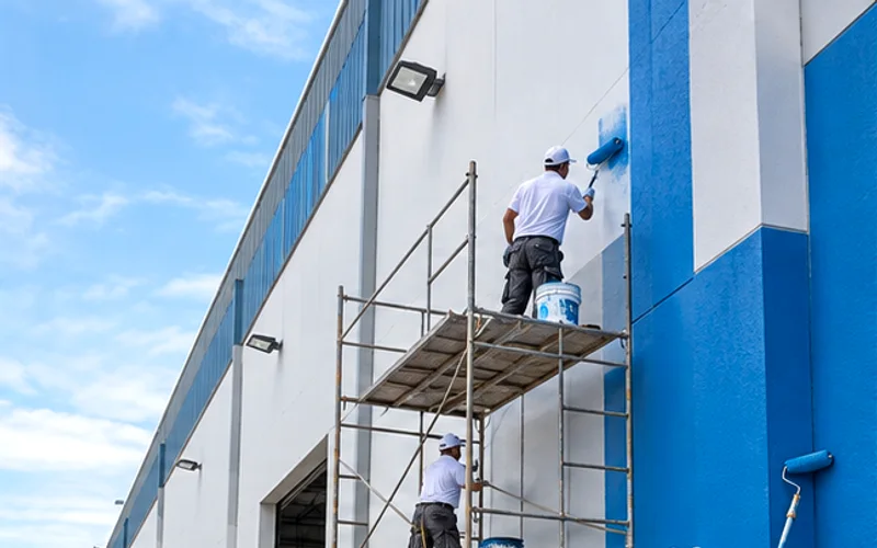 Imagen de referencia de pintura de edificios para Zona 9: fachada de edificio y trabajo en altura